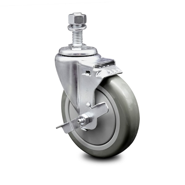 5 Inch Gray Polyurethane Wheel Swivel 1/2 Inch Threaded Stem Caster with Brake